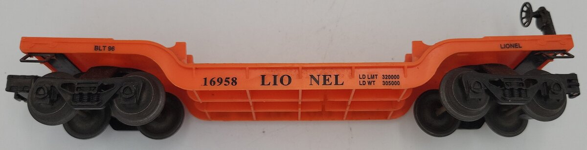 Lionel 16958-1 O Gauge Orange Depressed Flatcar with Trucks and Couplers