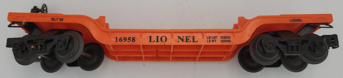 Lionel 16958-1 O Gauge Orange Depressed Flatcar with Trucks and Couplers