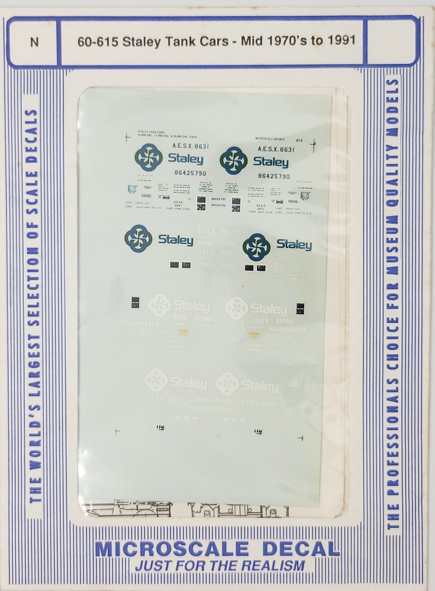 Microscale 60-615 N Scale 1970-1991 Staley Chemical Company Tank Car Decal Sheet