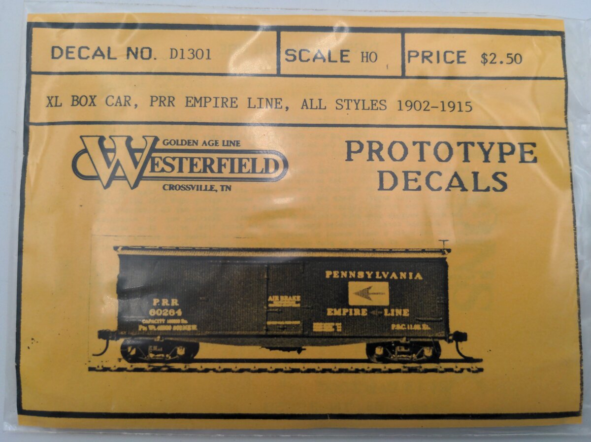 Westerfield D1301 HO XL Box Car, PRR Empire Line, All Styles 1902-1915