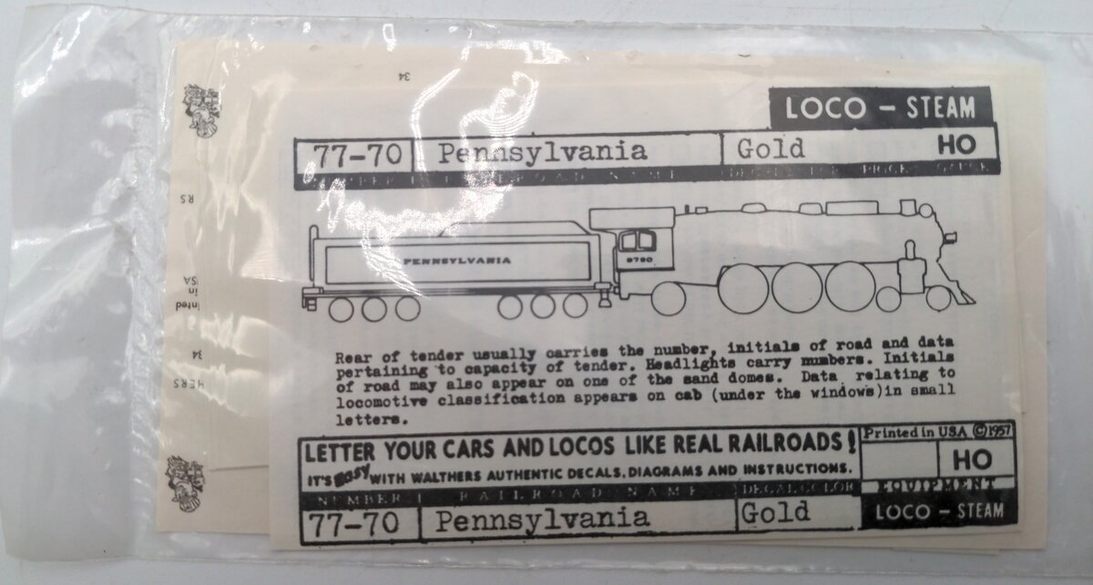 Walthers 77-70 HO Scale Pennsylvania Railroad Steam Locomotive Decal