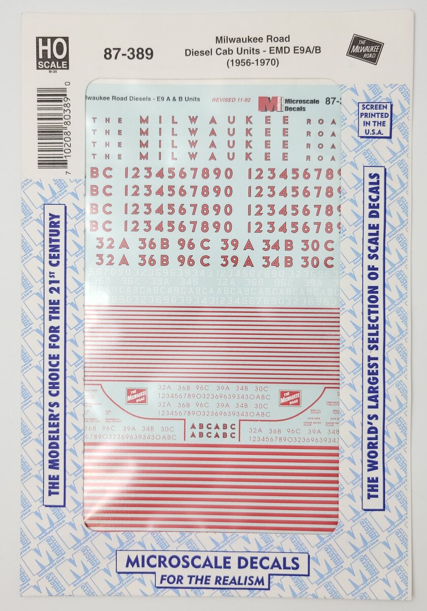 Microscale 87-389 HO 1960-1970 Milwaukee E9A/B Diesels Waterslide Decal Sheet