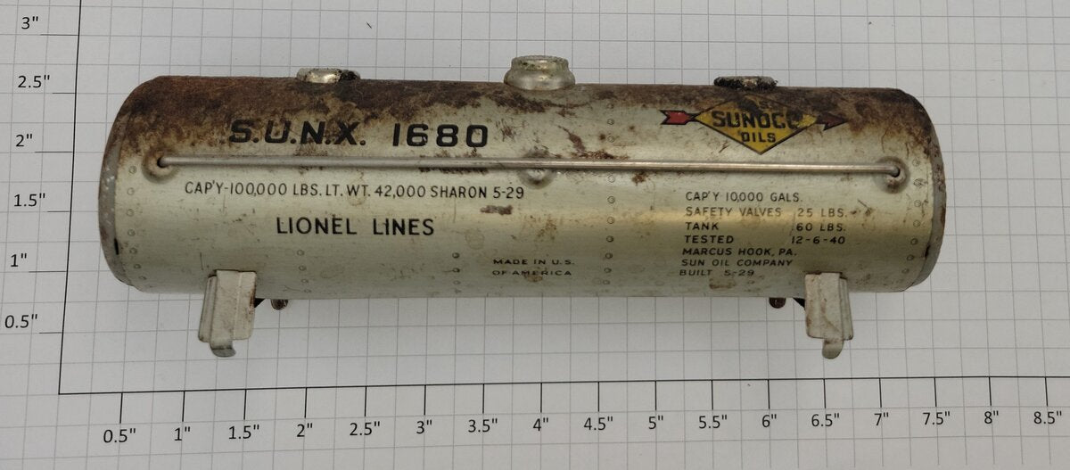 Lionel 1680-1 O Gauge Prewar Sunoco Tinplate Oil Tank Car Shell with Trim #1680