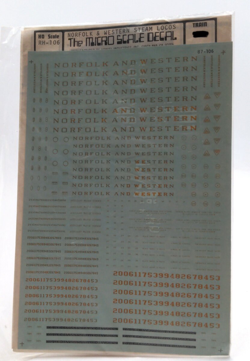 Microscale RH-106 HO Scale Norfolk & Western Steam Locomotive Decals