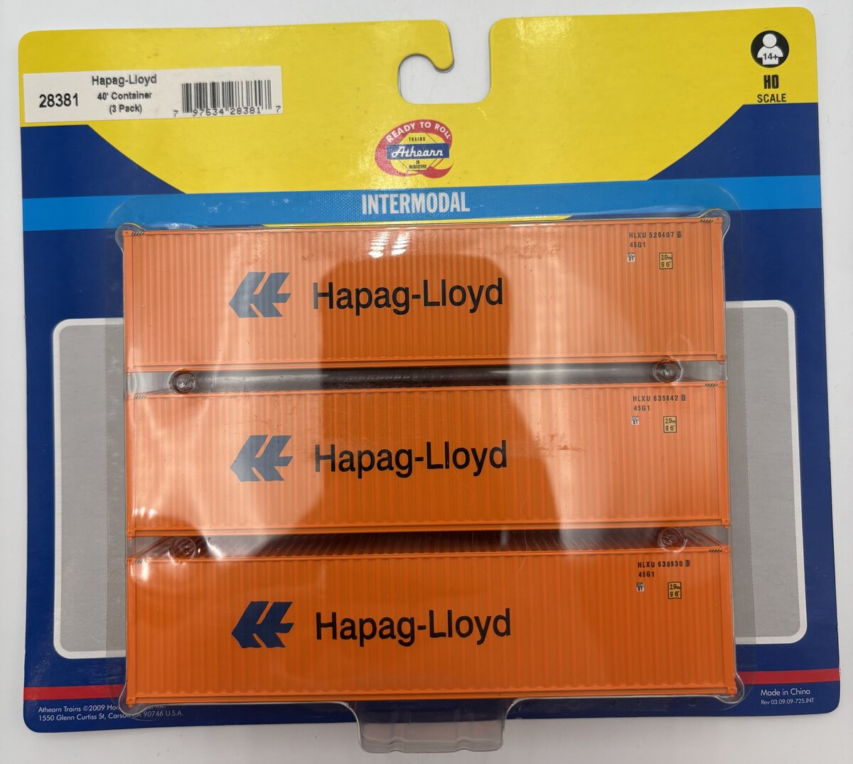 Athearn 28381 HO Hapag Lloyd 40' Container (Pack of 3)