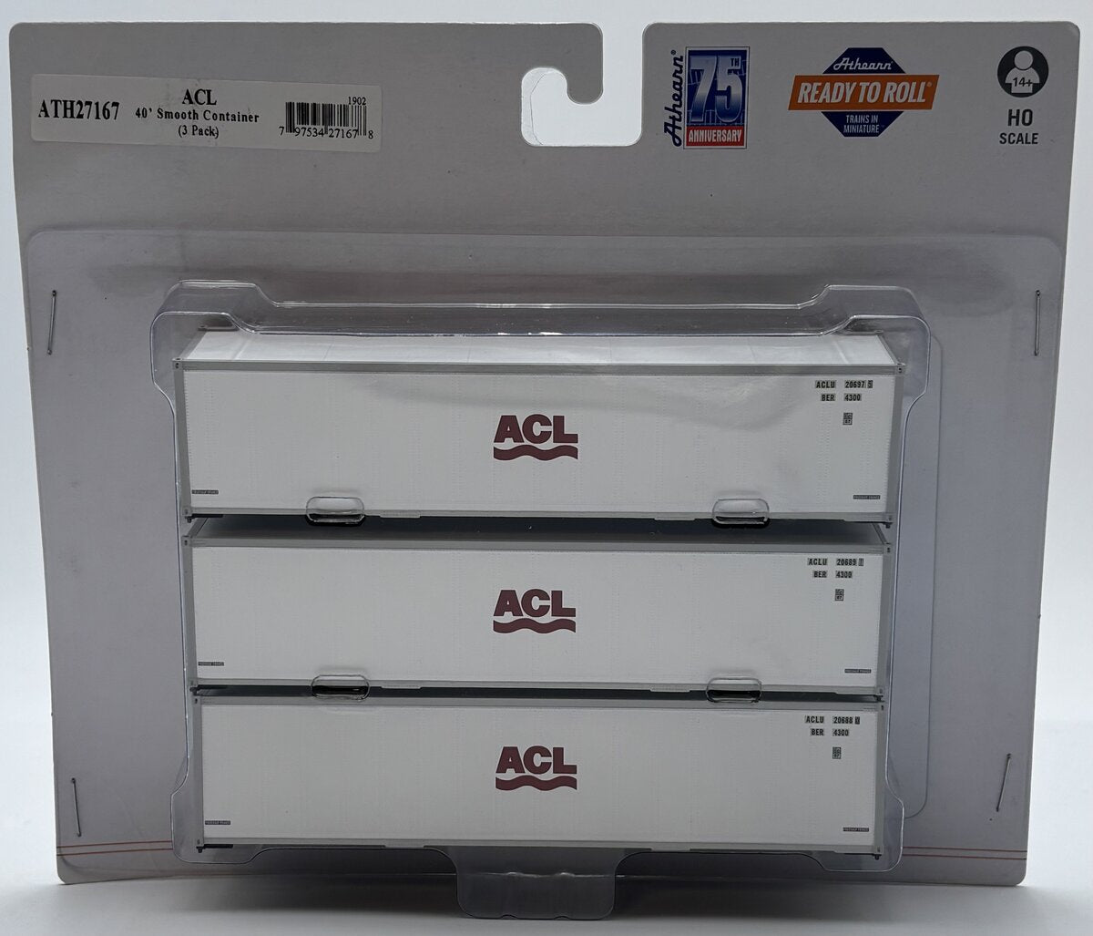 Athearn 27167 HO ACL 40' Smooth Side Container (Pack of 3)