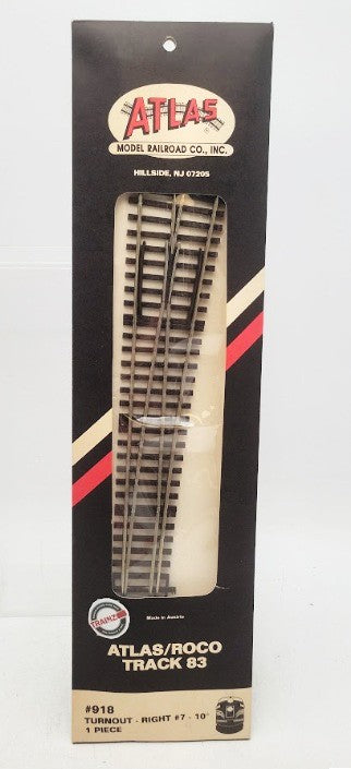 Atlas 918 HO Scale Roco Track 83 # Turnout Right #7 - 10° One Piece