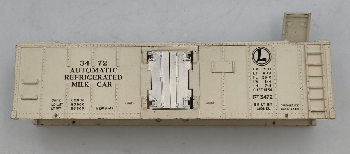 Lionel 3472-61 Eggshell Milk Car Shell Assembly with Aluminum Doors