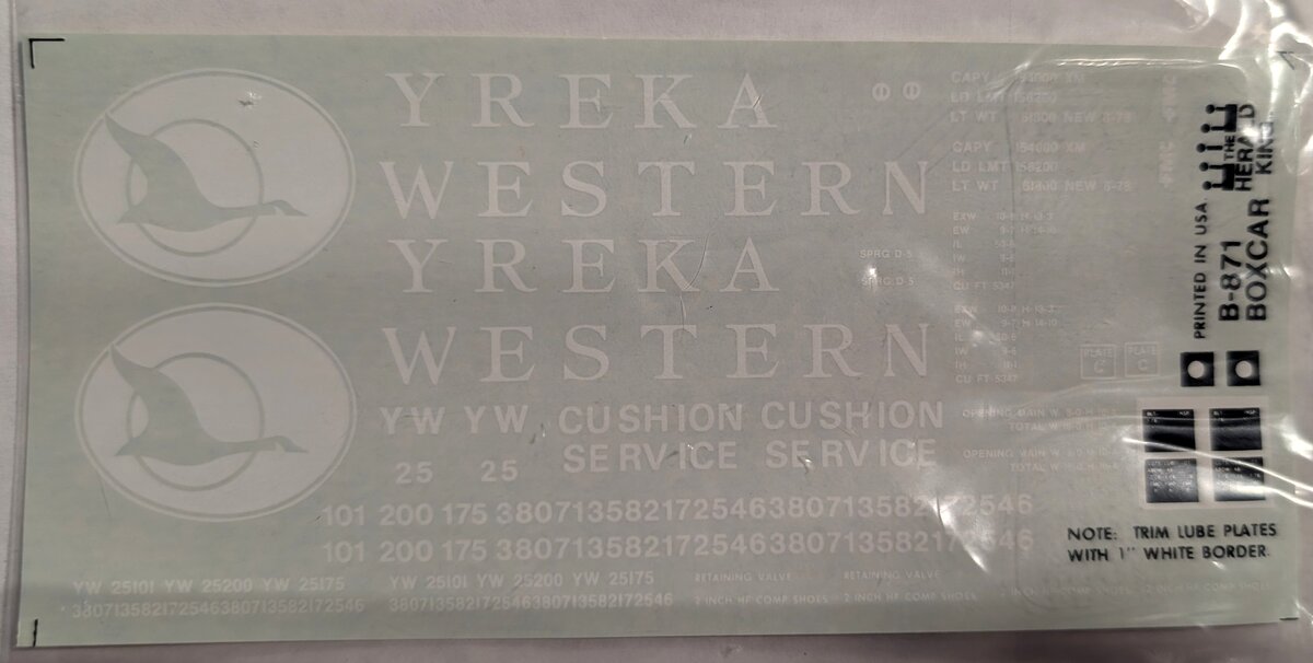 Herald King B-871 HO Scale Yreka Western Decal Set