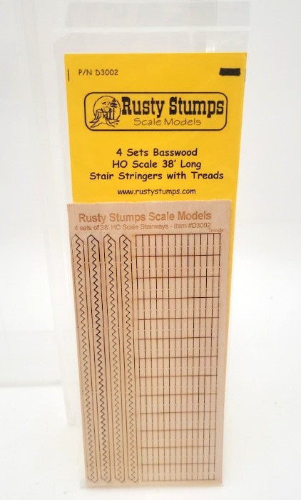 Rusty Stumps D3002 HO Scale Stair Stringers With Treads 38' Long Basswood 4 Sets