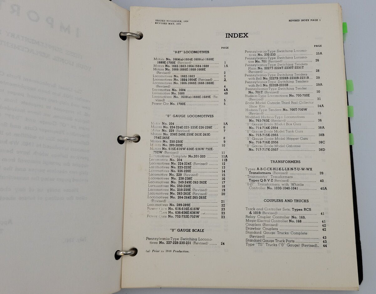 Lionel 2941-10 Prewar Service Manual and Replacement Parts Listings