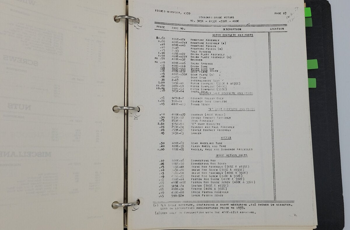 Lionel 2941-10 Prewar Service Manual and Replacement Parts Listings