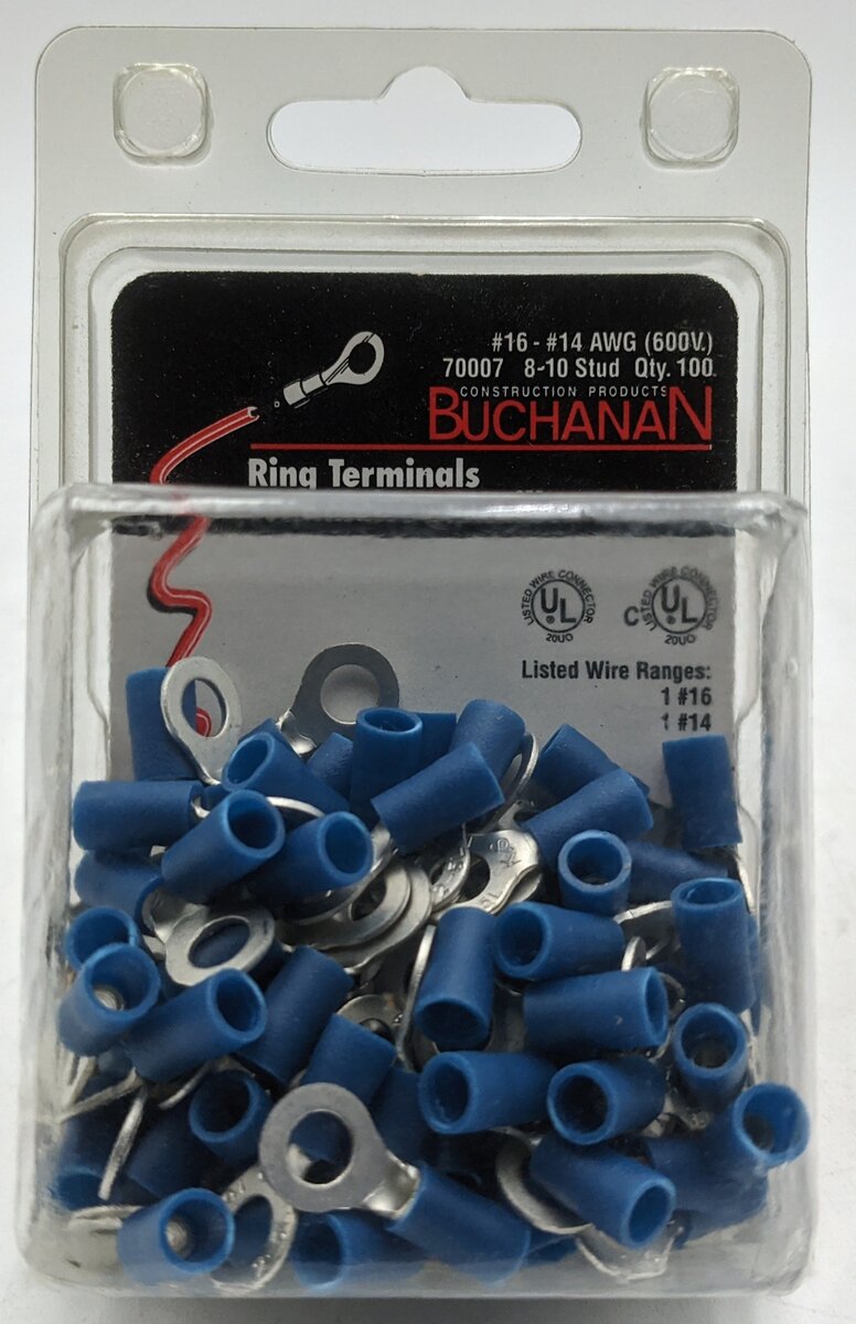 Buchanan 70007 16-14 AWG 600 Volt 8-10 Stud Insulated Ring Terminals (100-Pack)
