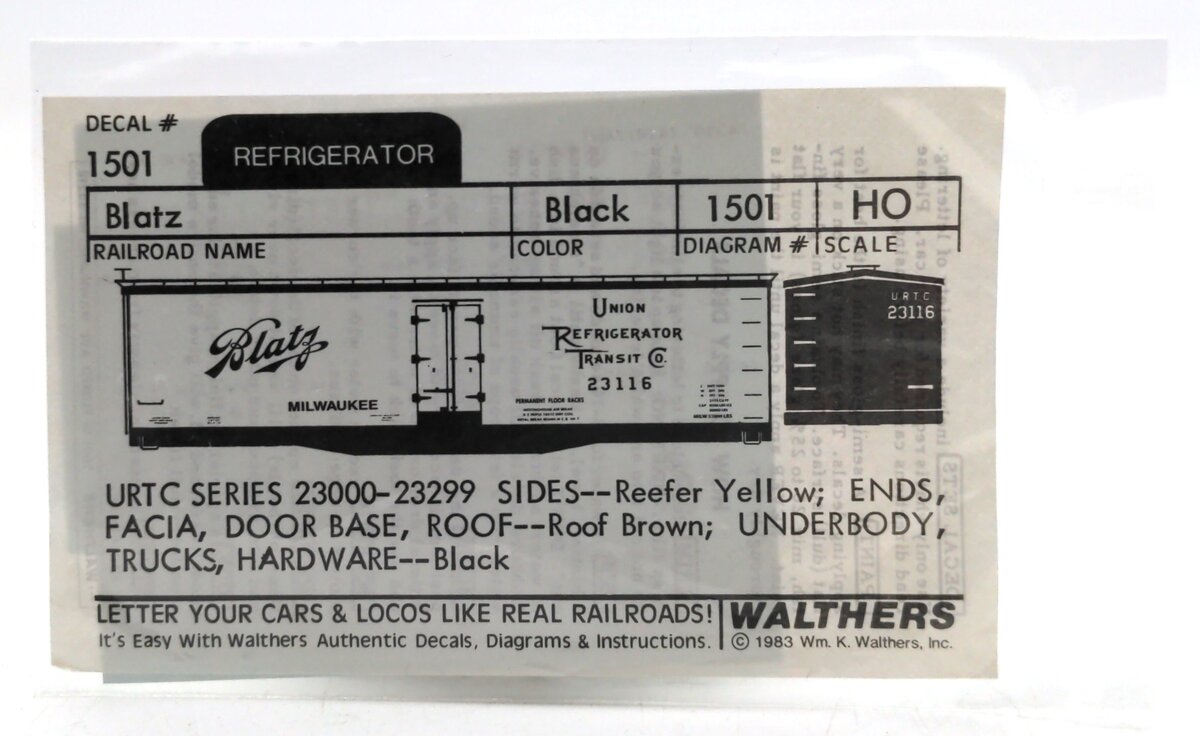 Walthers 1501 HO Scale Blatz Milwaukee Union Refrigerator Transit Decals