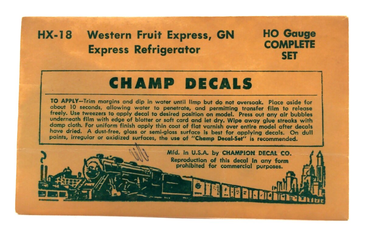 Champ Decals HX-18 HO Scale Western Fruit Express, GN Express Refrigerator Decal