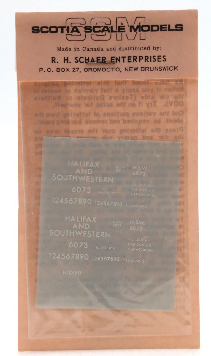 Scotia Scale Models 6073 HO Scale Halifax and Southwestern Decals