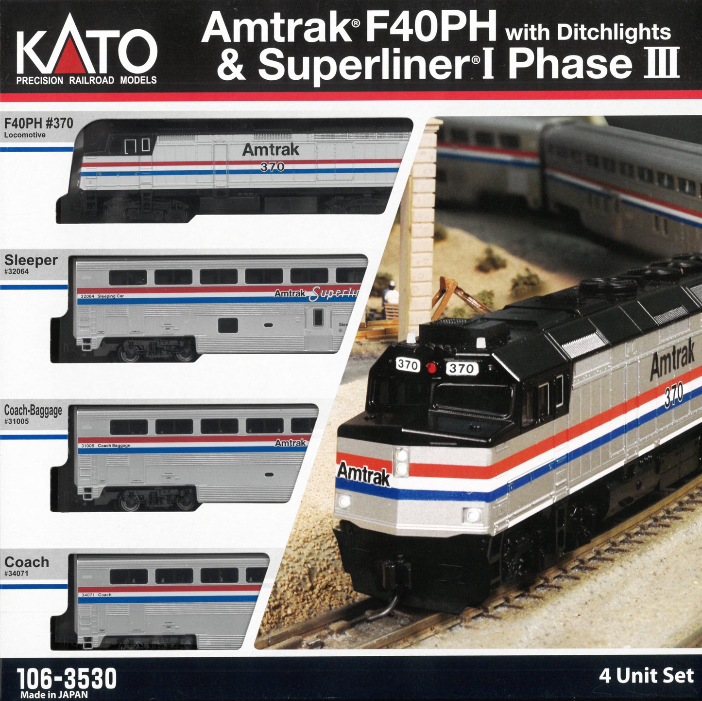 Kato 106-3530-S N AMTK F40PH Diesel Loco w/ Sound & Superliner Ph. 3 P