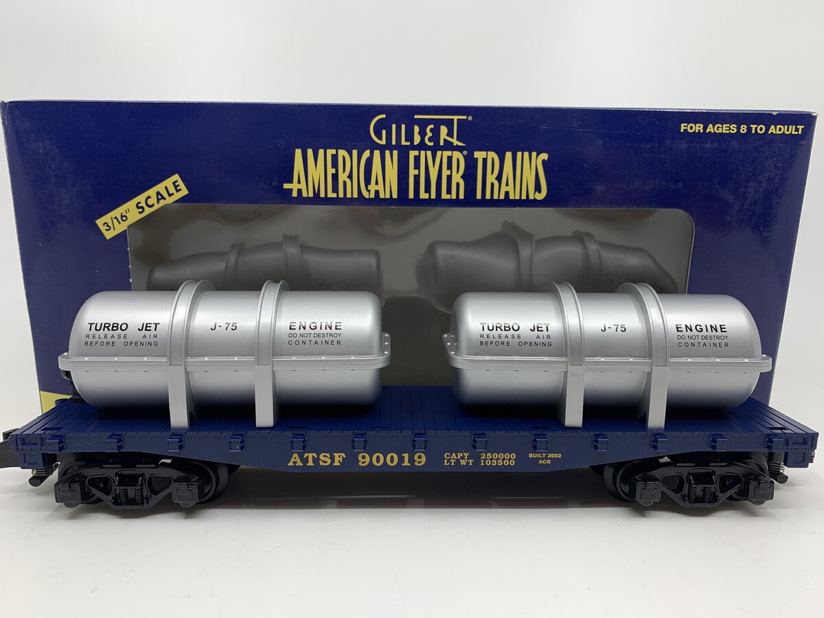 American Flyer 6-48527 S Scale Santa Fe Flatcar W/ Jet Engine Transport #90019 LN/Box