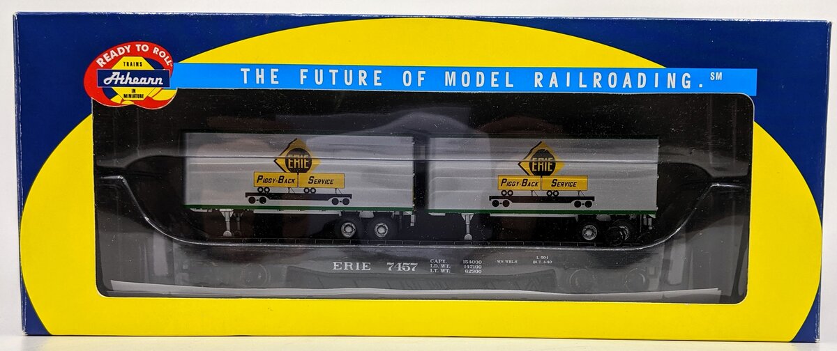 Athearn 92390 HO Scale Erie #7457 50' Flatcar With Two 25' Trailers LN/Box