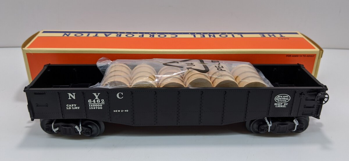 Lionel 6-6462 New York Central Black Long Gondola w/Wood Barrels LN/Box