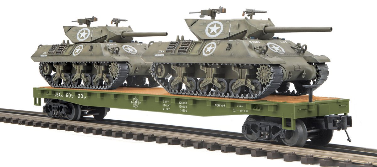 MTH 20-95326 O Gauge US Army Flatcar  with M10 Wolverine Tanks #609210 NIB