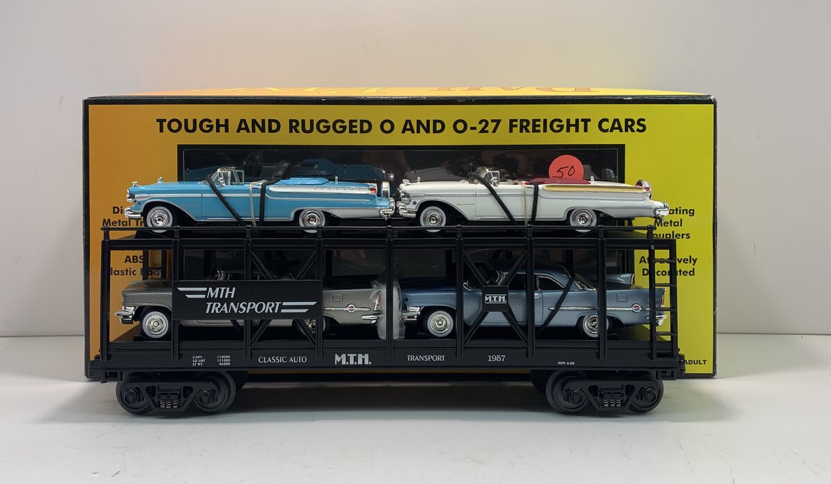MTH 30-7676 O Gauge MTH Auto Carrier w/ 4 Ertl 1957 Automobiles LN/Box