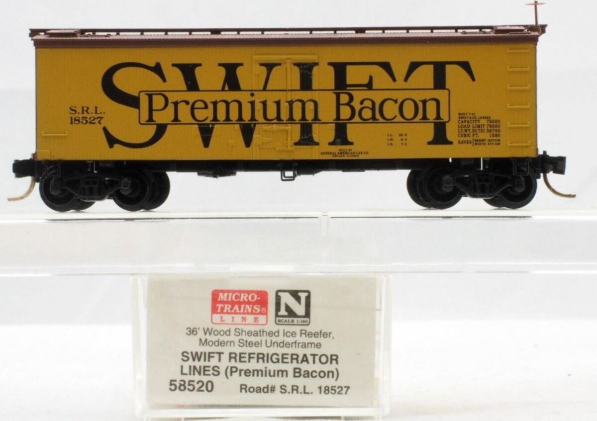 Micro-Trains 05800520 N Swift Premium Bacon 36' Wood Sheathed Reefer #18527 LN/Box