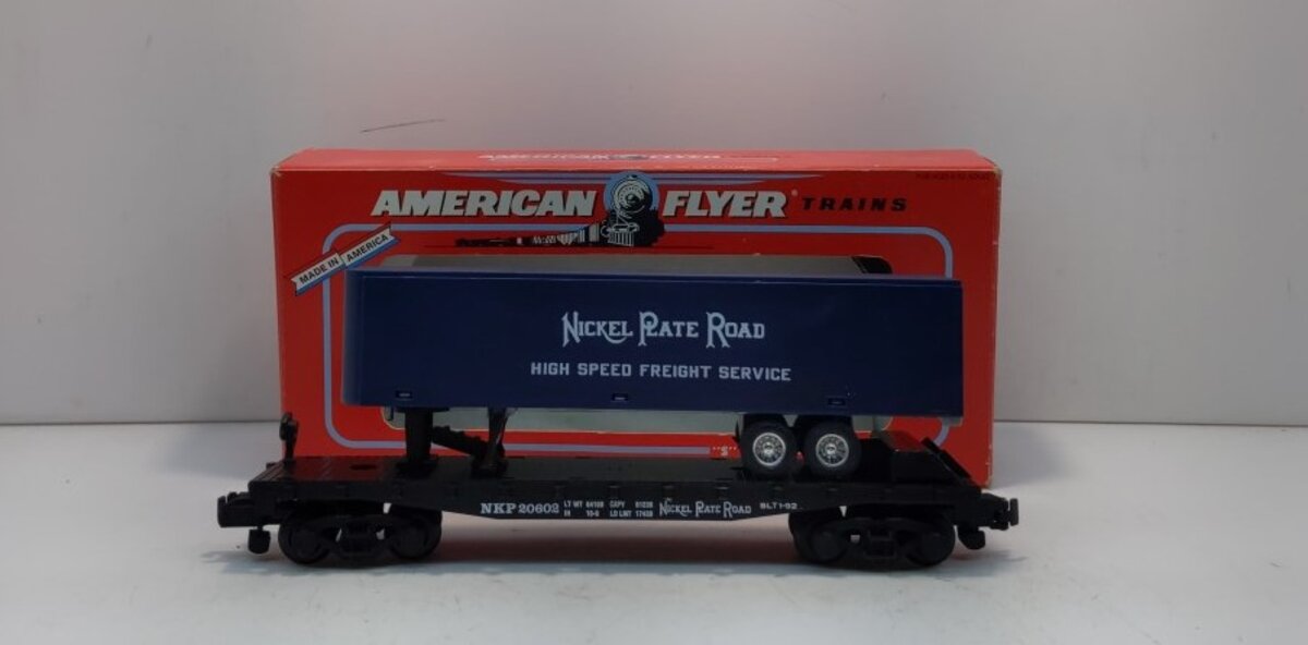 American Flyer 6-48479 S Scale Nickel Plate Road NASG Flatcar w/Ertl Trailer LN/Box
