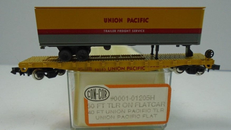 Con-Cor 0001-01205H N Scale Union Pacific 50' Flatcar w/Trailer LN/Box