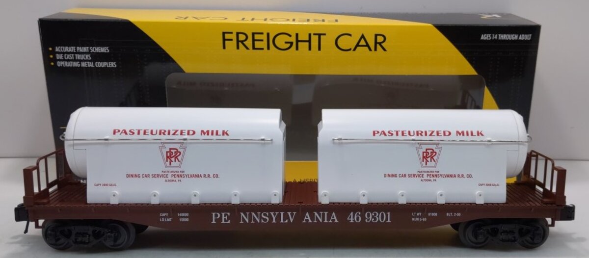 K-Line 6-22558 O PRR Scale Flat Car w/Milk Containers LN/Box