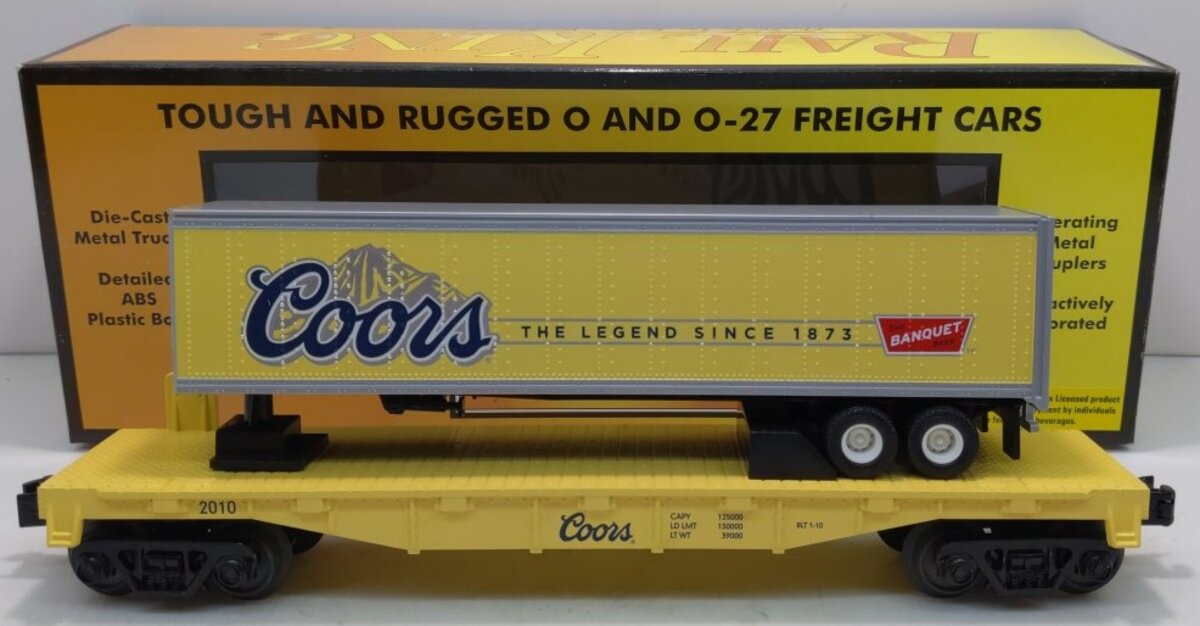 MTH 30-76372 O Gauge Coors Flat Car w/ Trailer LN/Box