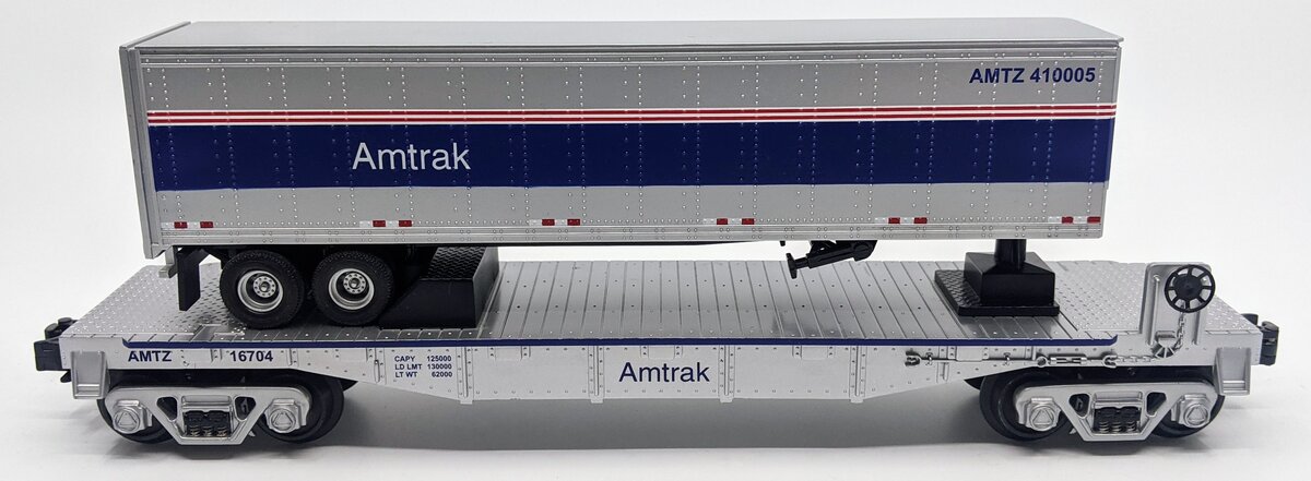 MTH 30-76127 O Gauge Amtrak Flatcar w/ Trailer #16704 LN/Box