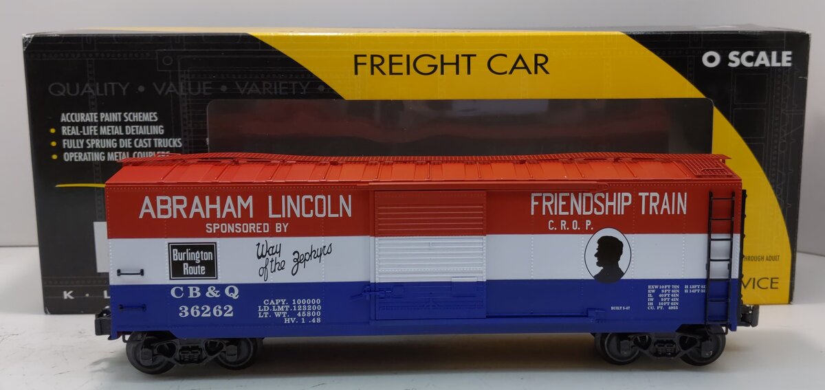 K-Line K761-1331 CB&Q Lincoln Friendship Train Boxcar #36262 NIB
