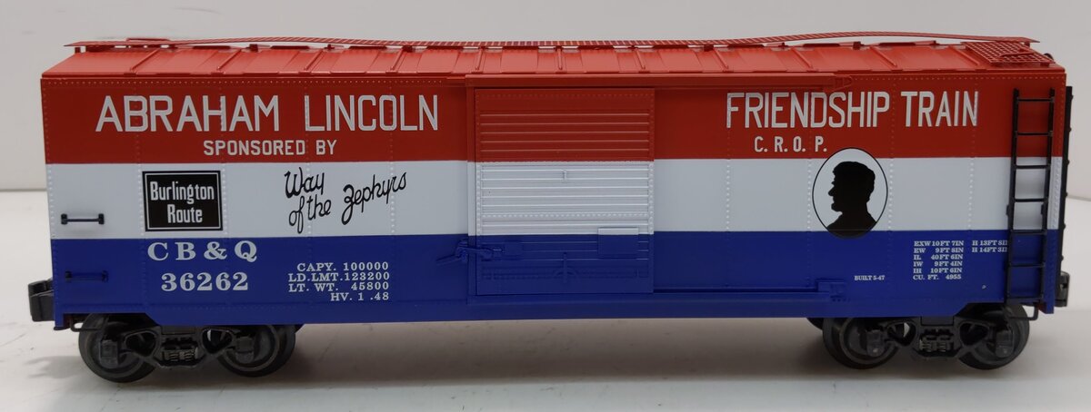 K-Line K761-1331 CB&Q Lincoln Friendship Train Boxcar #36262 NIB