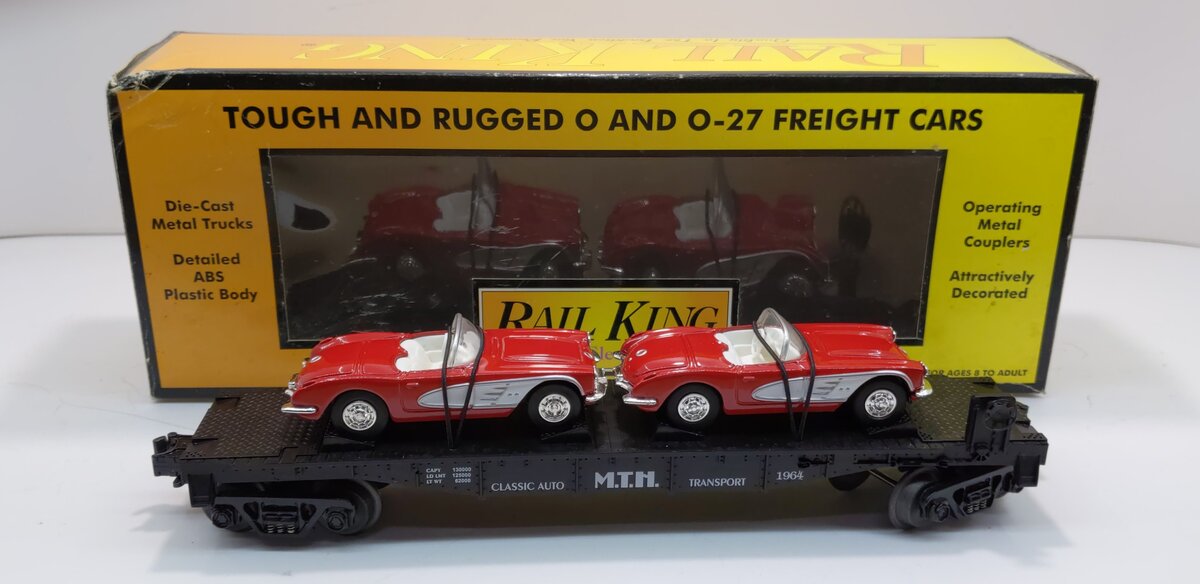 MTH 30-7624 O Gauge Auto Transport Flatcar with 2 Ertl '64 Corvettes #19640 LN/Box