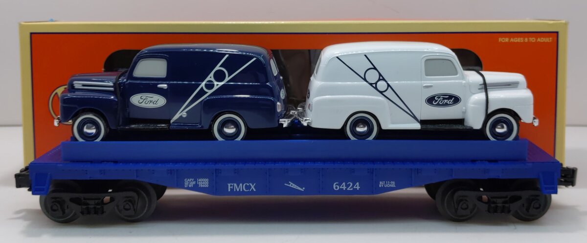 Lionel 6-16985 O Gauge Eastwood Automobilia Flatcar w/ Ford Panel Trucks #6424 NIB