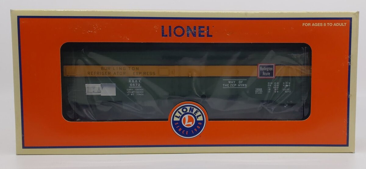 Lionel 6-19565 O Gauge Burlington Refrigerator Car #6672 LN/Box