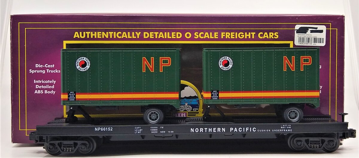 MTH 20-98105 Northern Pacific Flatcar with 2 Short NP Trailers #66152 EX/Box