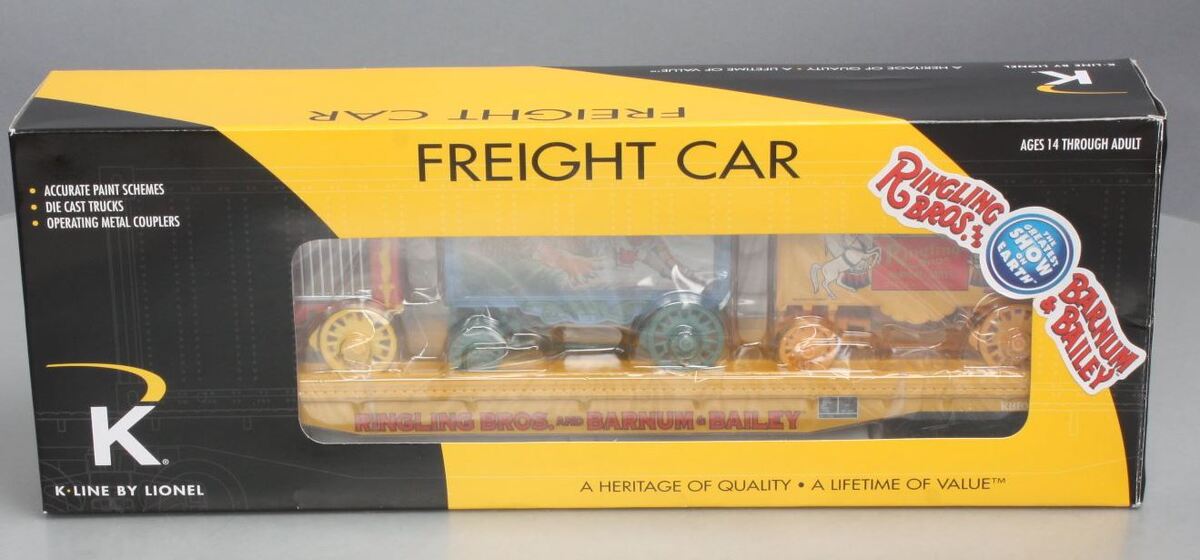K-Line 6-22654 O Ringling Bros. Flat Car #46 w/ 3 Circus Wagons NIB