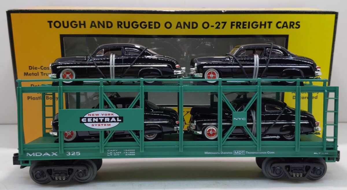 MTH 30-7682 O New York Central Auto Carrier #325 with (4) Ertl 1949 Mercurys LN/Box