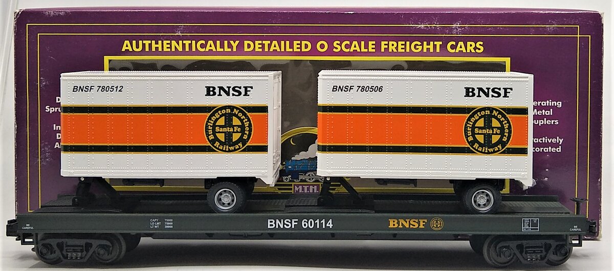 MTH 20-90010B O BNSF Flatcar w/ 20' Trailers LN/Box