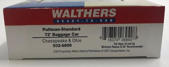 Walthers 932-6809 HO Scale Chesapeake & Ohio Pullman-Standard 72' Baggage Car LN/Box