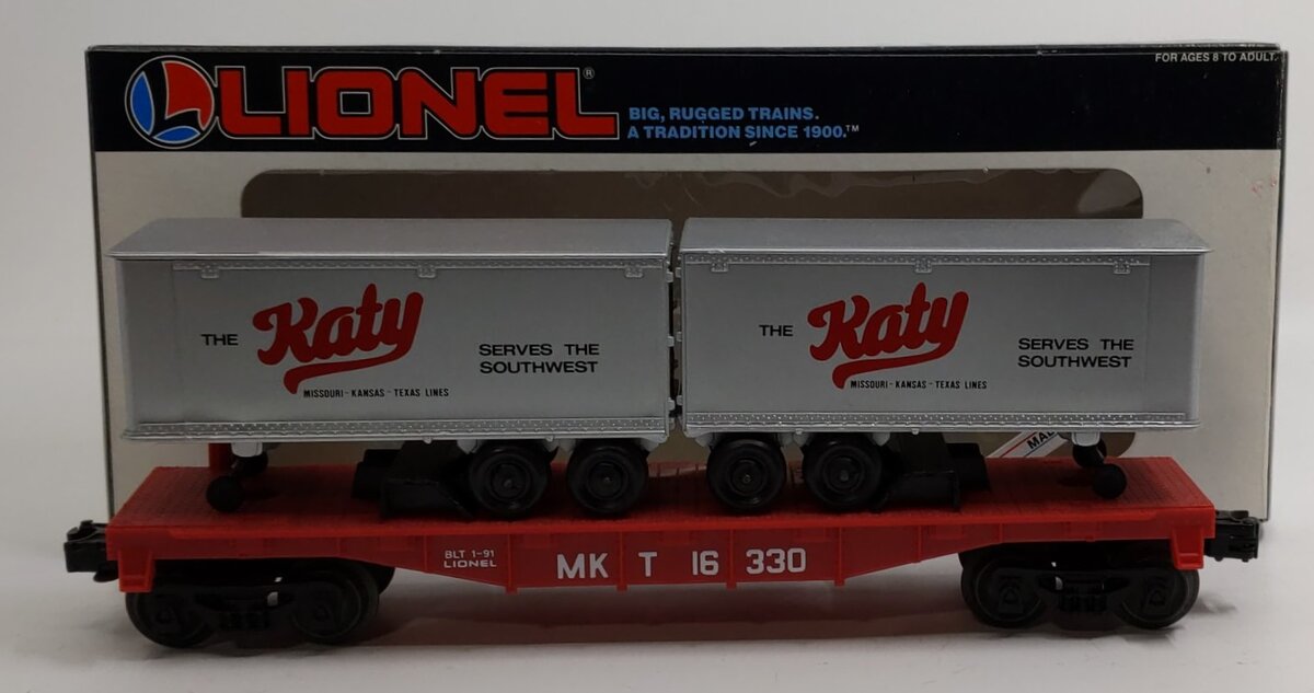 Lionel 6-16330 O Gauge Missouri, Kansas & Texas Flatcar w/ Trailers NIB