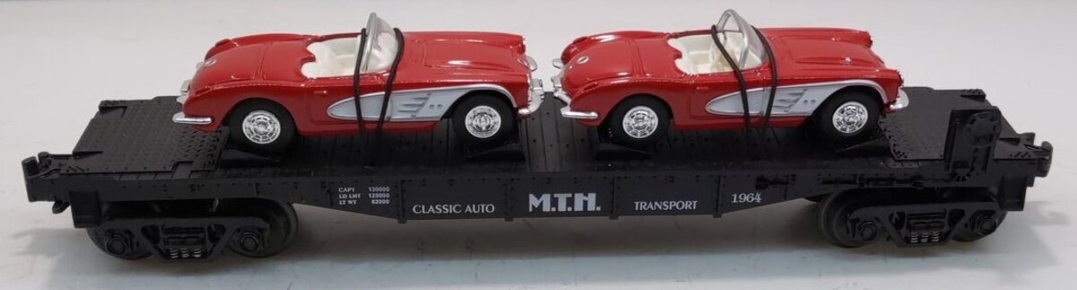 MTH 30-7624 O Gauge Auto Transport Flatcar with 2 Ertl '64 Corvettes #19640 LN/Box