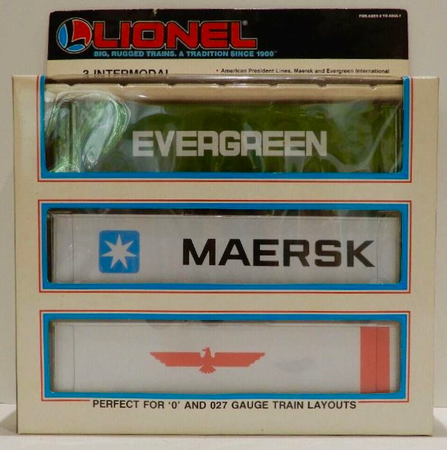 Lionel 6-12805 O and 027 Evergreen/Maersk/APL Intermodal Containers (Set of 3) LN/Box
