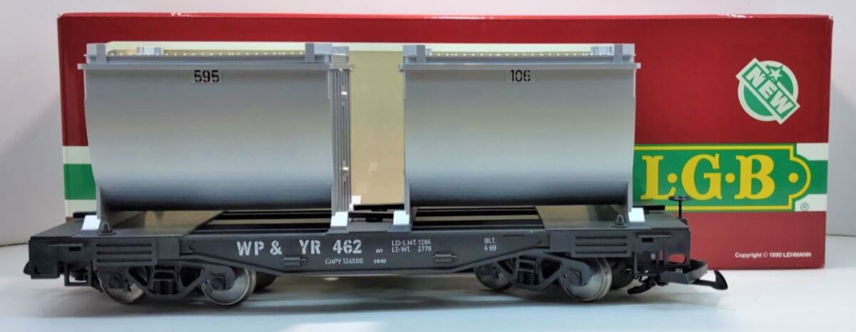 LGB 4086 G Scale WP&YR Forney Flatcar w/Ore Container Load #462 (Metal Wheels) EX/Box