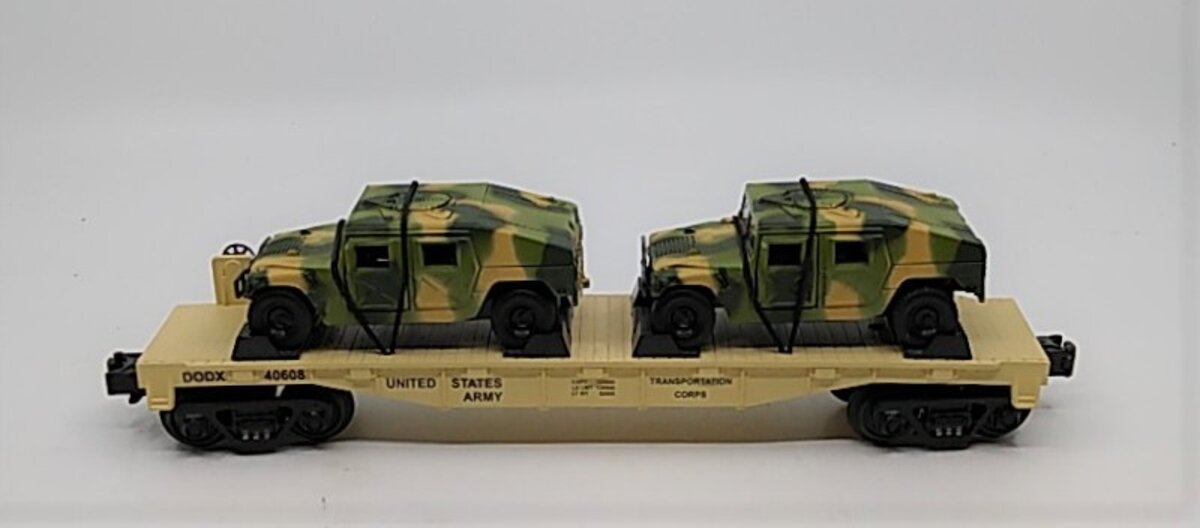 MTH 30-76036 O Gauge Army Flatcar #40608 w/ 2 Humvee's LN/Box
