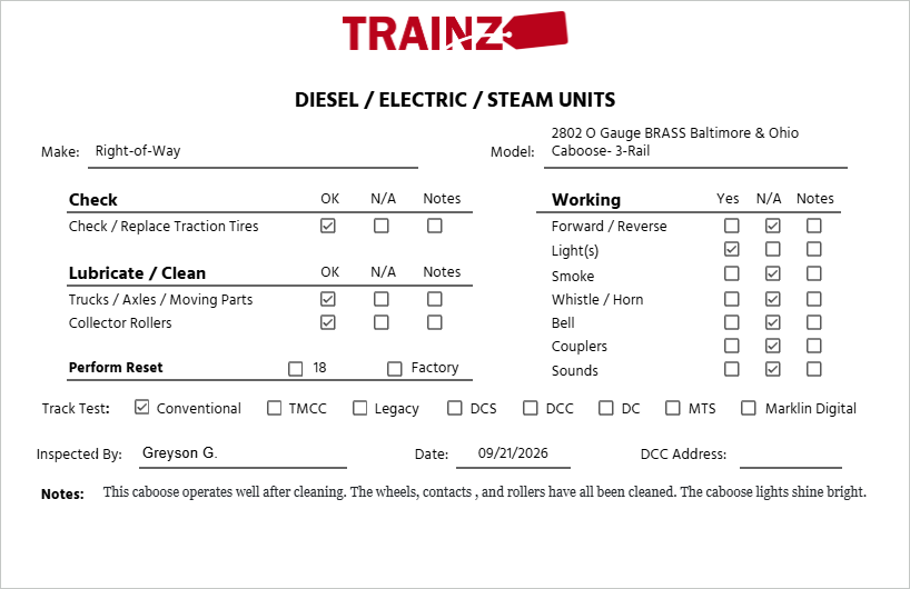 Right-of-Way 2802 O Gauge BRASS Baltimore & Ohio Caboose- 3-Rail EX/Box
