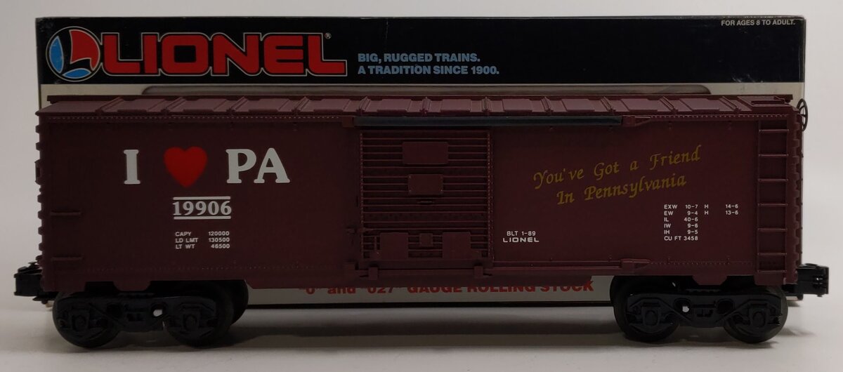 Lionel 6-19906 O Gauge I Love Pennsylvania Boxcar EX/Box