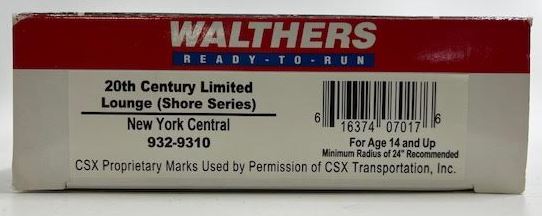 Walthers 932-9310 HO Scale New York Central 20th Century Lounge Car LN/Box